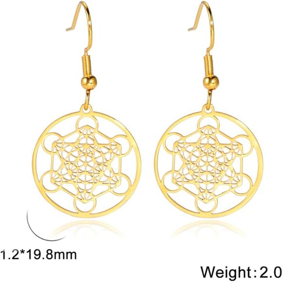 Gold Stainless Steel Metatron’s Cube Earrings with Sacred Geometry Design for Wo - Picture 6 of 8